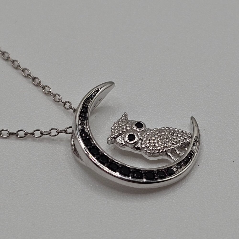 Sterling Silver 925 Rhodium Plated CZ Black Moon and Owl Pendant Necklace - Picture 9 of 10